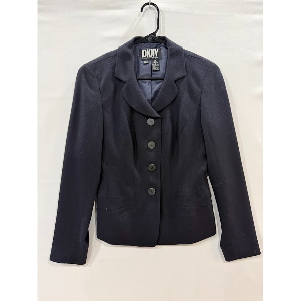Vintage DKNY Donna Karan New York Navy Blue 100% Wool Tailored Blazer Jacket 2